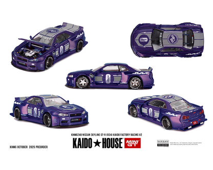 (COMING SOON) Kaido House x Mini GT 1:64 Nissan Skyline GT-R (R34) Kaido factory Racing V2 – Midnight Purple