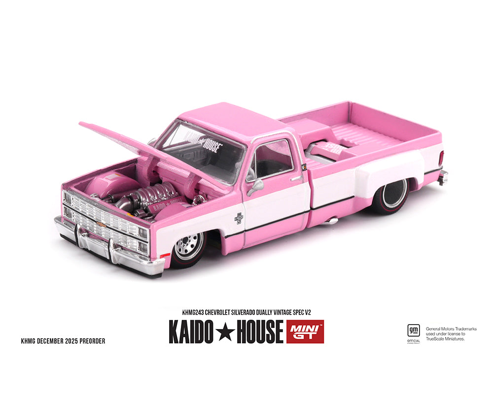(COMING SOON) Kaido House x Mini GT 1:64 Chevrolet Silverado Dually Vintage Spec V2 – Pink with White