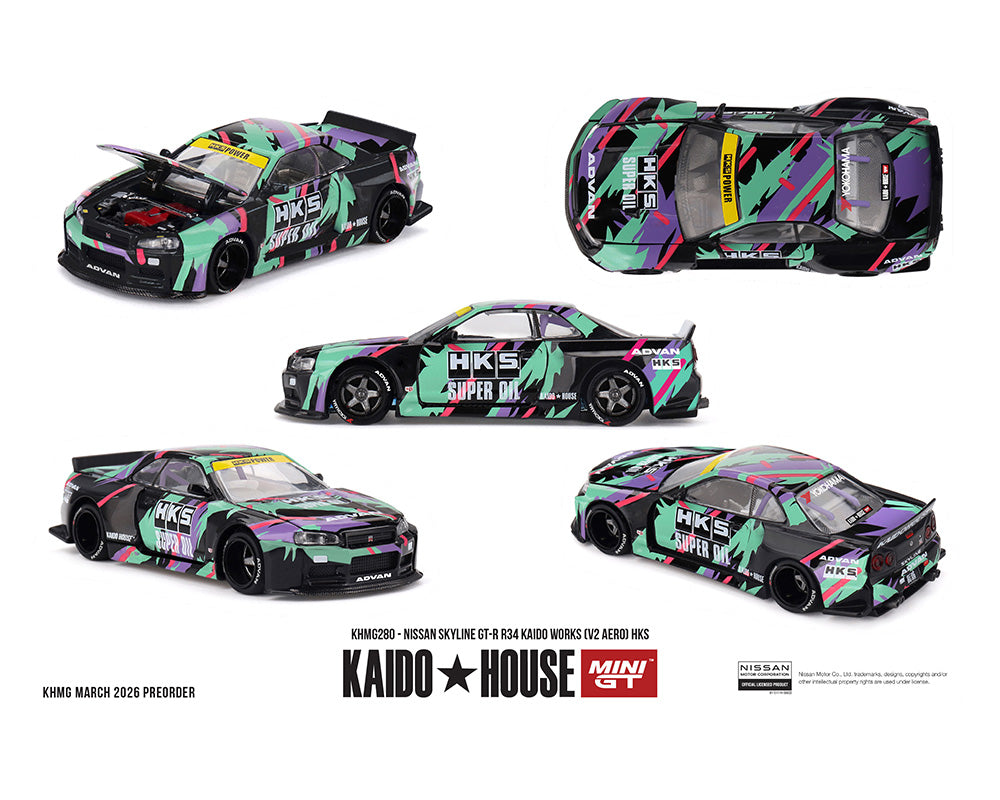 (COMING SOON) Kaido House x Mini GT 1:64 Nissan Skyline GT-R R34 Kaido Works (V2 Aero) HKS – Limited Edition