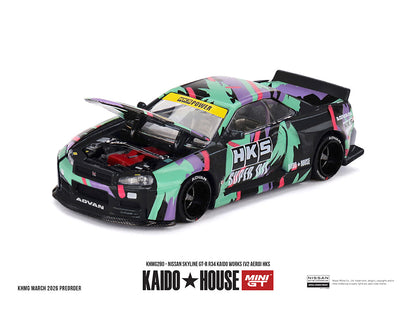 (COMING SOON) Kaido House x Mini GT 1:64 Nissan Skyline GT-R R34 Kaido Works (V2 Aero) HKS – Limited Edition