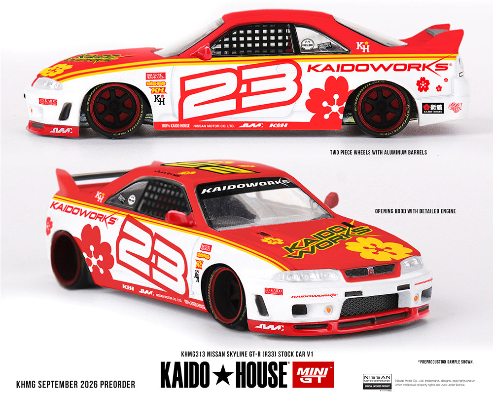 (COMING SOON) Kaido House x Mini GT 1:64 Nissan Skyline GT-R (R33) Kaido Stock Car V1 – White w/ Red Two-tone