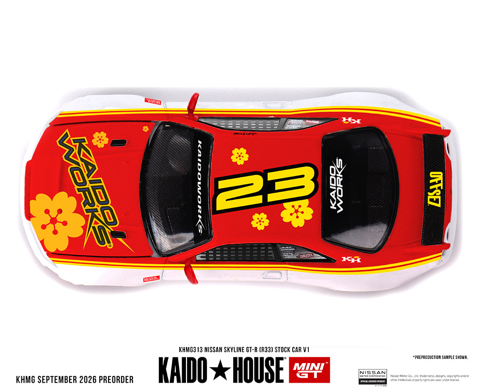 (COMING SOON) Kaido House x Mini GT 1:64 Nissan Skyline GT-R (R33) Kaido Stock Car V1 – White w/ Red Two-tone