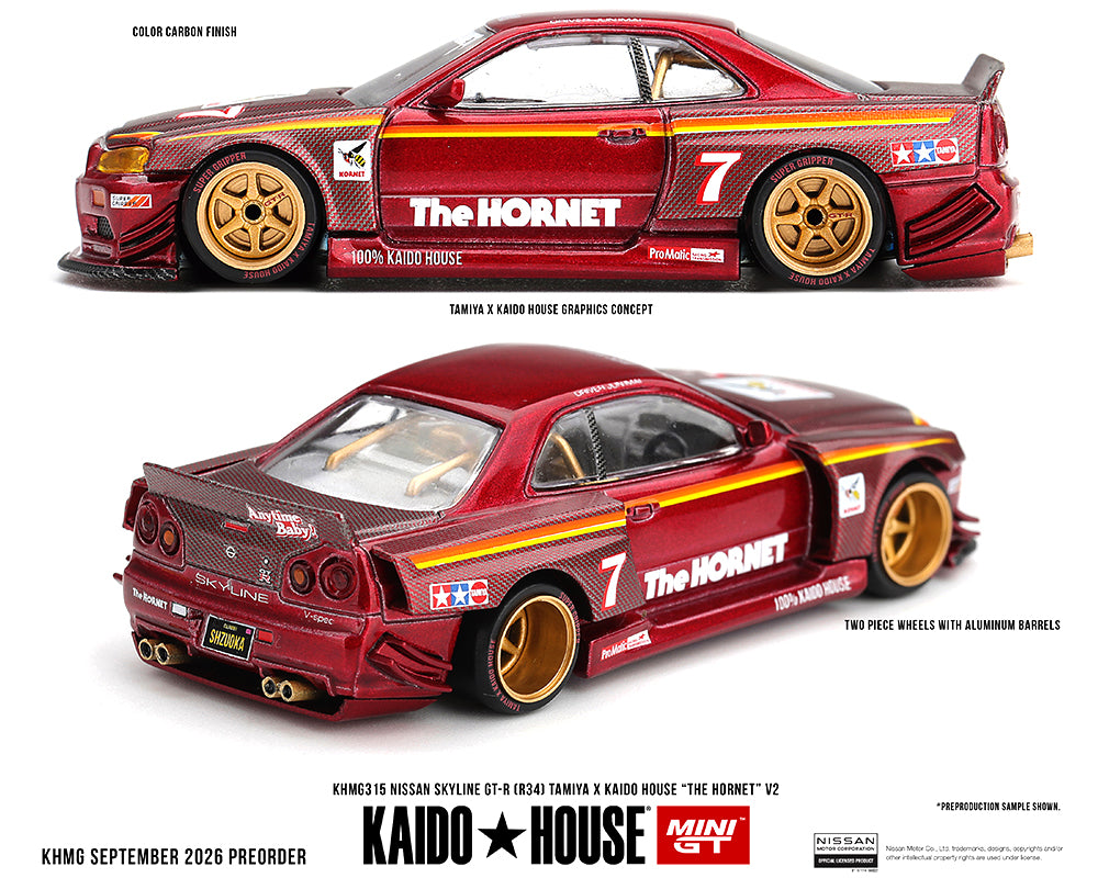 (COMING SOON) Kaido House x Mini GT 1:64 Nissan Skyline GT-R (R34) TAMIYA x KAIDO HOUSE “The Hornet” V2 – M. Red Carbon