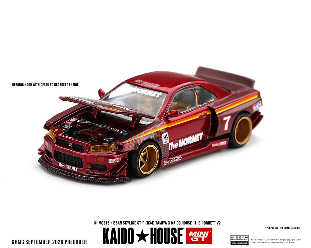 (COMING SOON) Kaido House x Mini GT 1:64 Nissan Skyline GT-R (R34) TAMIYA x KAIDO HOUSE “The Hornet” V2 – M. Red Carbon