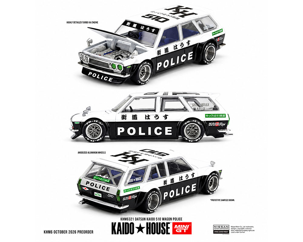 (COMING SOON) Kaido House x Mini GT 1:64 Datsun KAIDO 510 Wagon Police – Black White Two-Tone