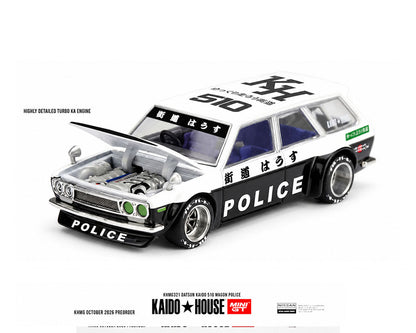 (COMING SOON) Kaido House x Mini GT 1:64 Datsun KAIDO 510 Wagon Police – Black White Two-Tone