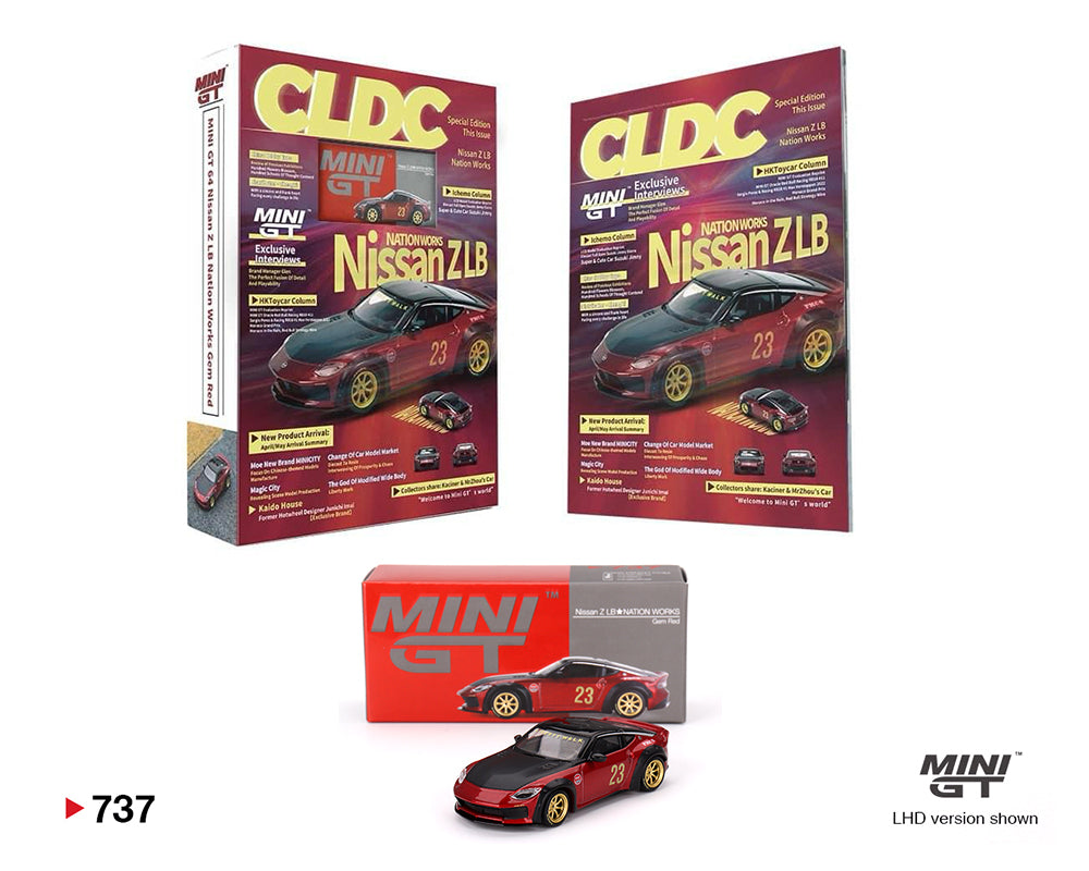 MINI GT 1/64 CLDC Magazine with Nissan Z LB Nation Works – M Red – China CLDC Exclusives