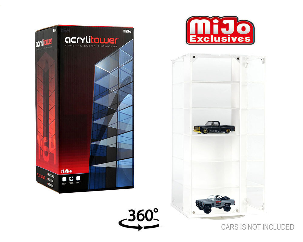 SHOWCASE 1:64 Acrylitower 24-Car Display Desk Top Spinner with Magnetic Covers (6.5″x 6.5″x13.5″)