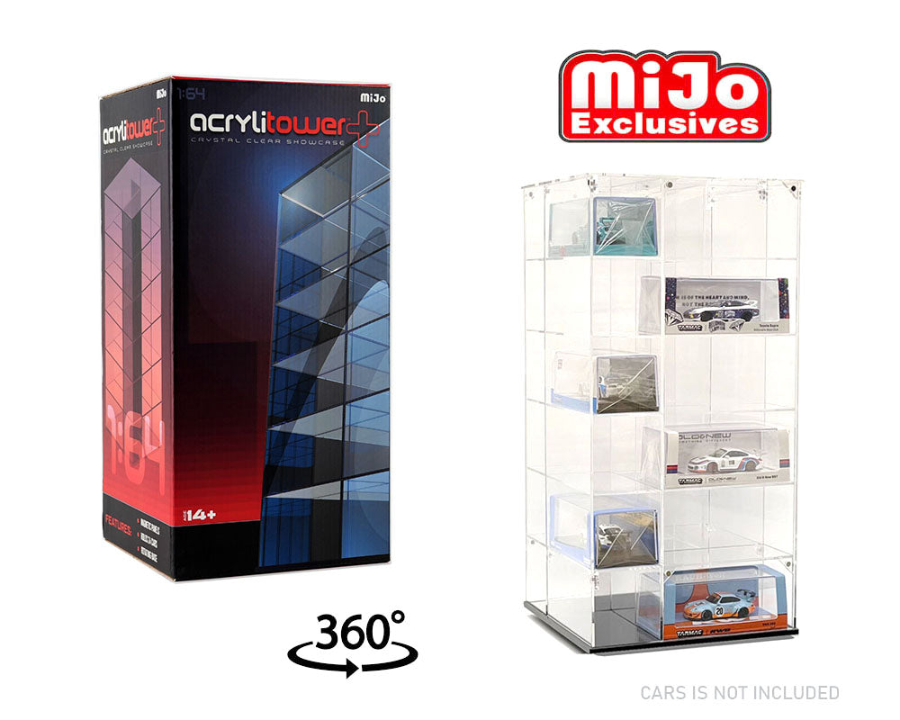 SHOWCASE  1:64 Acrylitower+ Large 24-Car Display Desk Top Spinner with Magnetic Cover (8″x 8″x16.25″