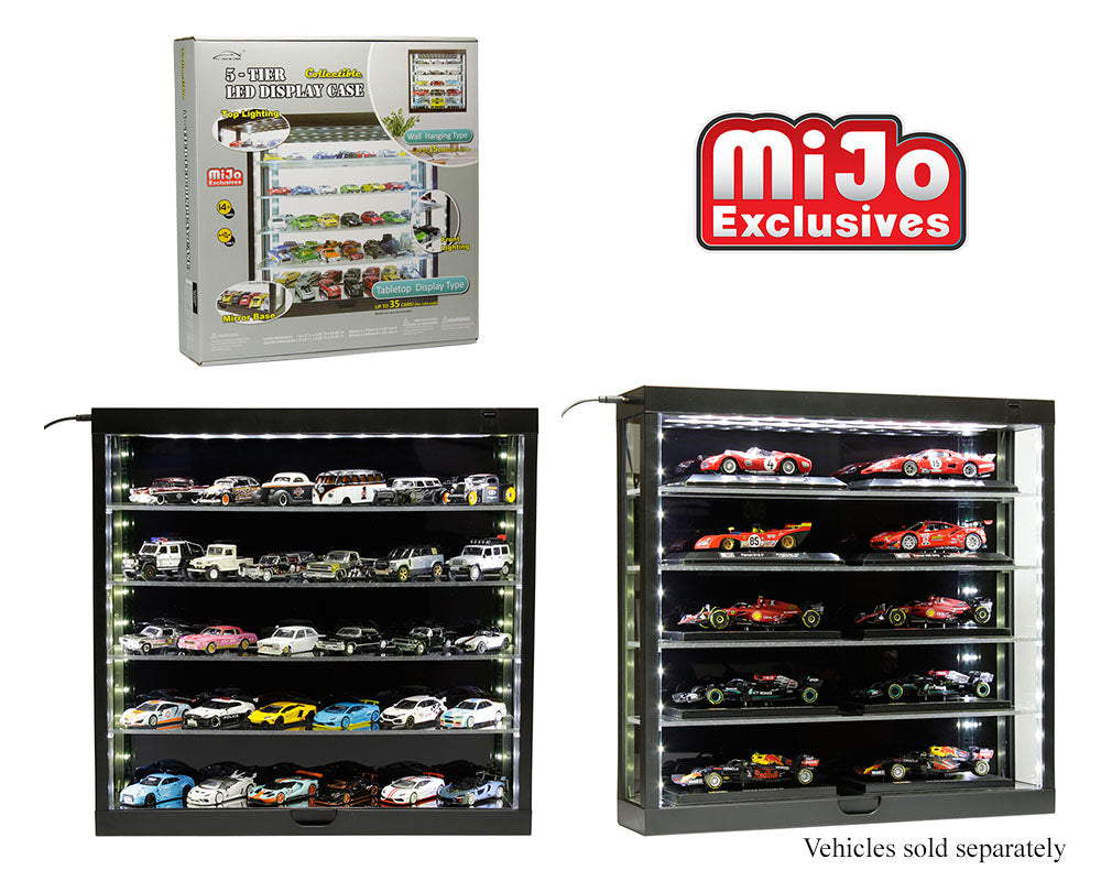 Showcase 5-Tier LED Wall Mountable Display Case – Black Case with Black Rear Panel – MiJo Exclusives