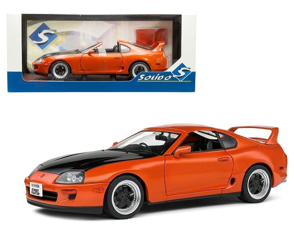 Solido 1:18 1993 Toyota Supra MK4 (A80) Streetfighter – Orange Metallic with Black Hood and Removable Roof