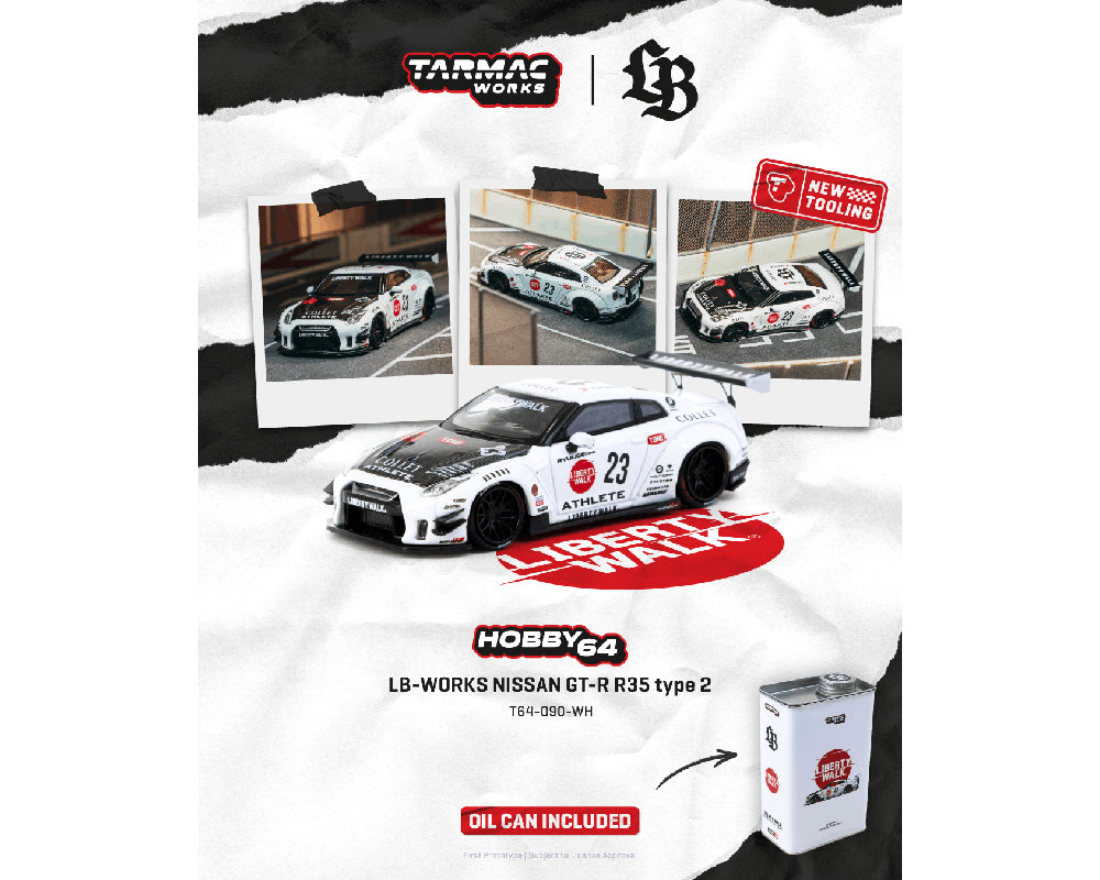 (COMING SOON) Tarmac Works 1:64 LB-WORKS NISSAN GT-R R35 type 2 With Oil Can – White