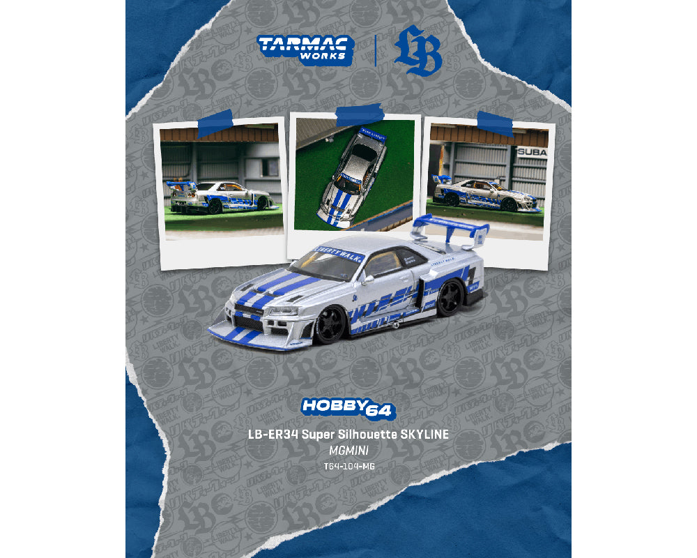 (COMING SOON) Tarmac Works 1:64 LB-ER34 Super Silhouette SKYLINE MGMINI – Silver – Hobby64