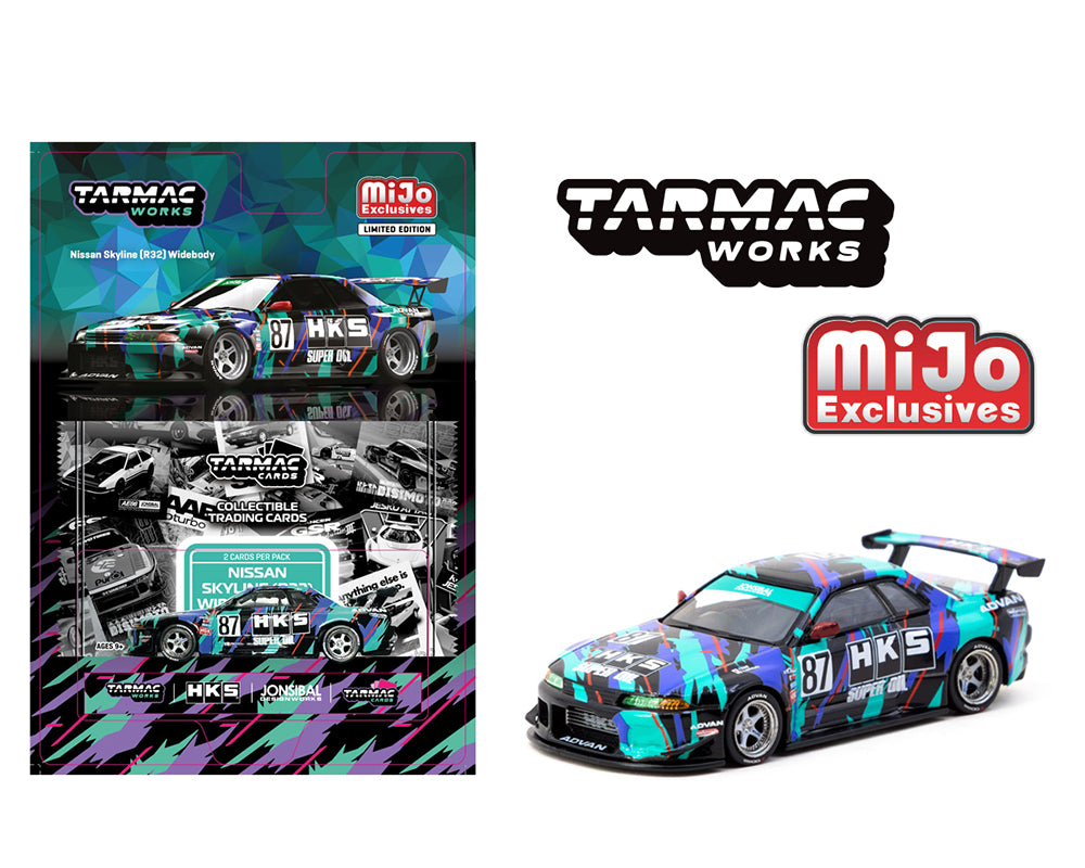 (COMING SOON) Tarmac Works 1:64 Nissan Skyline (R32) Widebody Jonsibal Designworks &amp; HKS with Card Pack – Blue, Green, Black – Tarmac Cards MiJo Exclusives Limited Edition