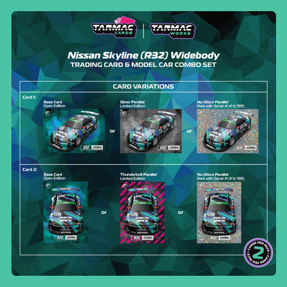 Tarmac Works 1:64 Nissan Skyline (R32) Widebody Jonsibal Designworks &amp; HKS with Card Pack – Blue, Green, Black – Tarmac Cards MiJo Exclusives Limited Edition